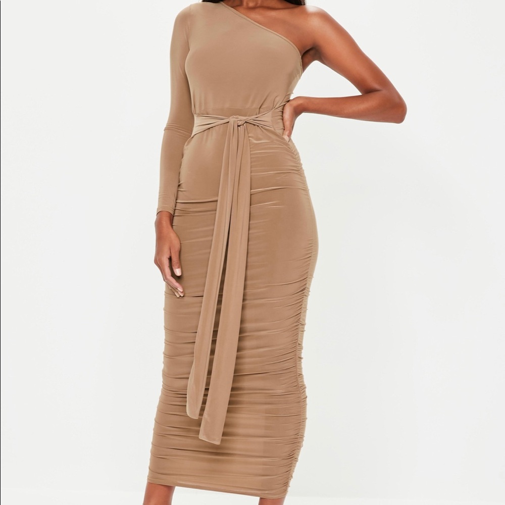 Camel colored  Tight fitting 1 sleeved ruched maxi dress. Never worn